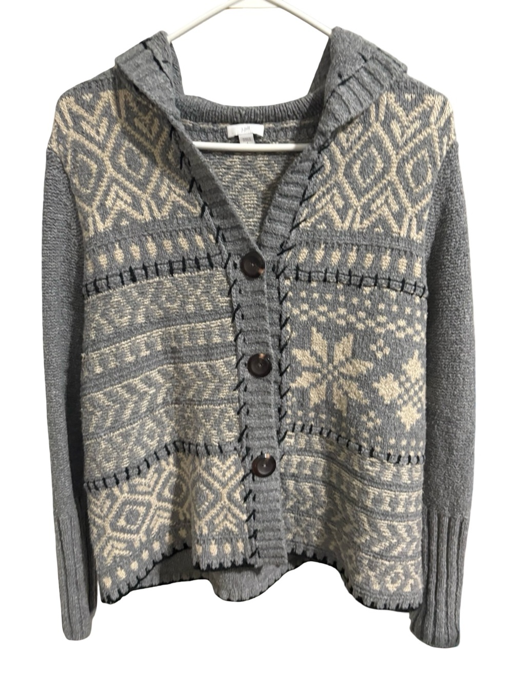 ⁠J.Jill Gray Fair Isle Hooded Cardigan Sweater Size Small⁠